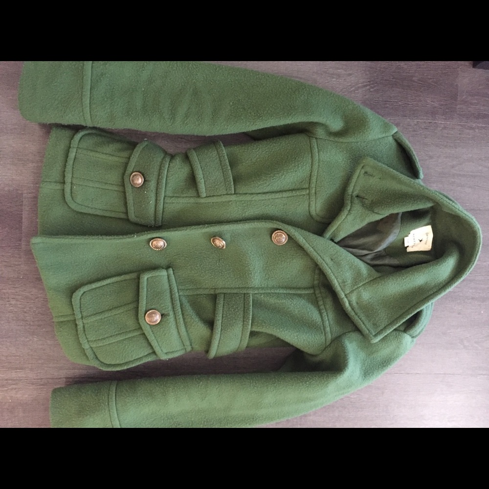 Green pea coat with gold buttons